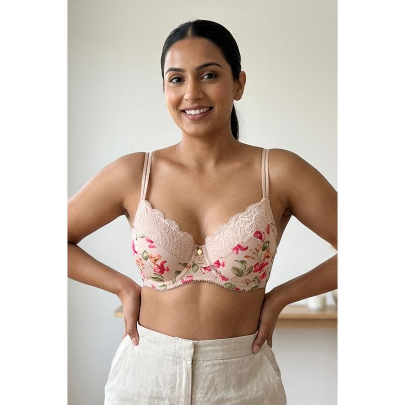 Zivame Padded Wired 3/4Th Coverage Lace Bra - Light Pink Base With Flower (32C)