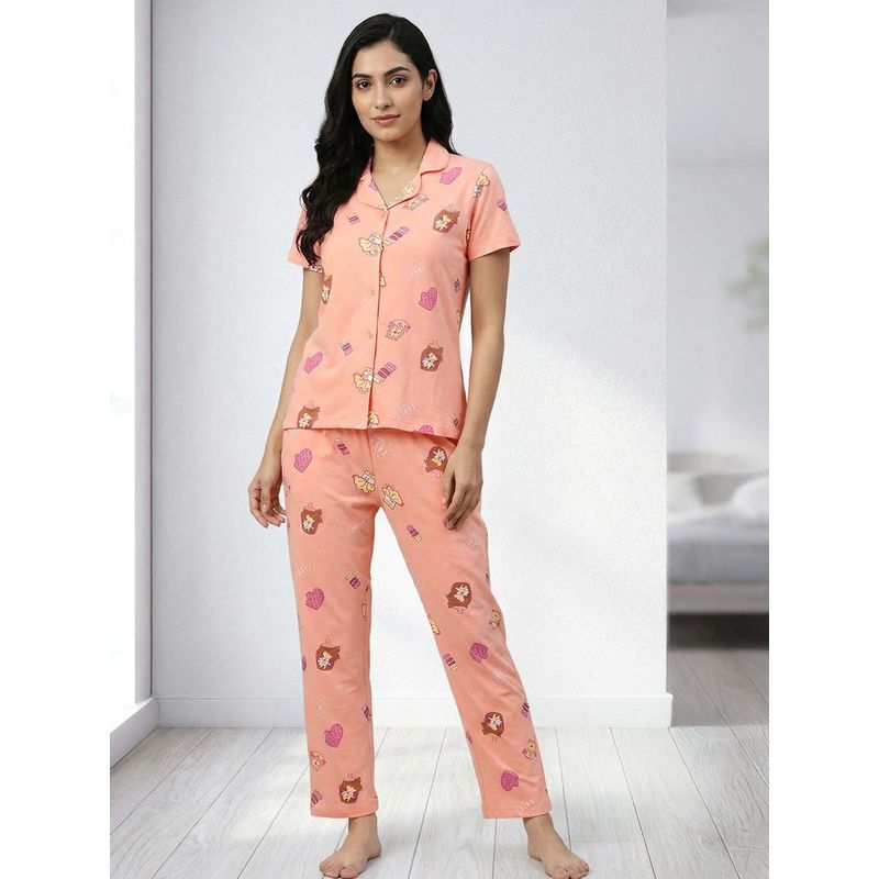 Zivame Farm Lore Knit Cotton Nightsuit - Peach Pearl (L)