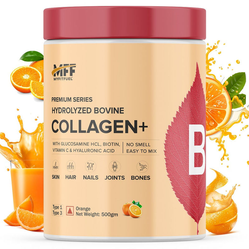 MyFitFuel Hydrolyzed Bovine Collagen +Hyaluronic Acid Biotin Vitamin C. Skin Hair Nails Orange(500g)