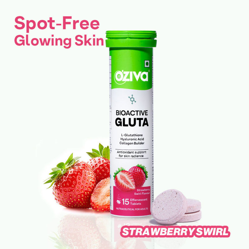 OZiva Bioactive Gluta Fizzy (L-Glutathione), Reduce Cellular Damage on Skin - Strawberry (Pack of 1)
