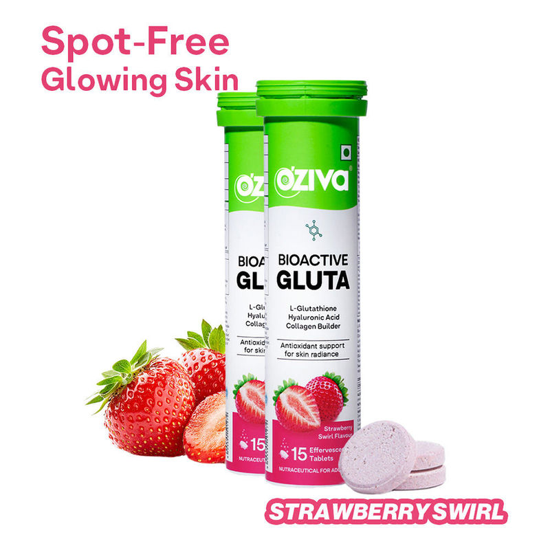 OZiva Bioactive Gluta Fizzy (L-Glutathione), Reduce Cellular Damage on Skin - Strawberry (Pack of 2)