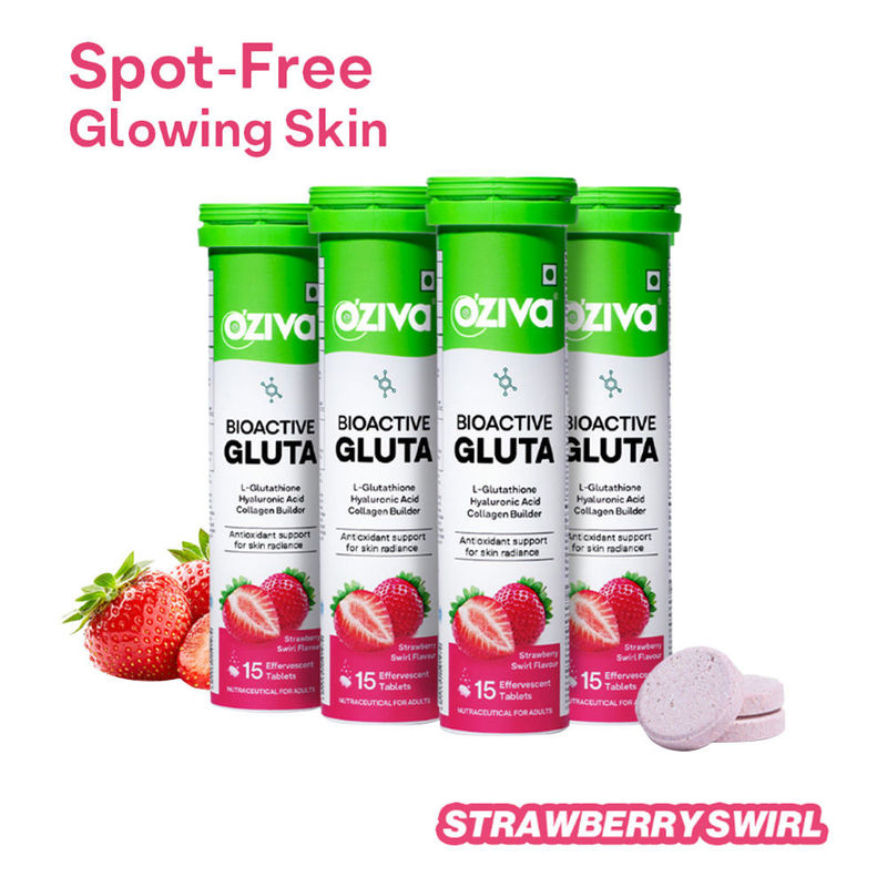 OZiva Bioactive Gluta Fizzy (L-Glutathione), Reduce Cellular Damage on Skin - Strawberry (Pack of 4)