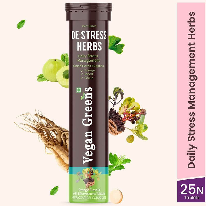 Vegan Greens Plant Based De-Stress Herbs Effervescent Tablets - Orange