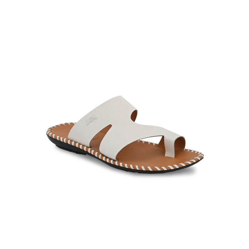 Hitz Men's White Leather Casual Toe-Ring Slippers (UK 6)