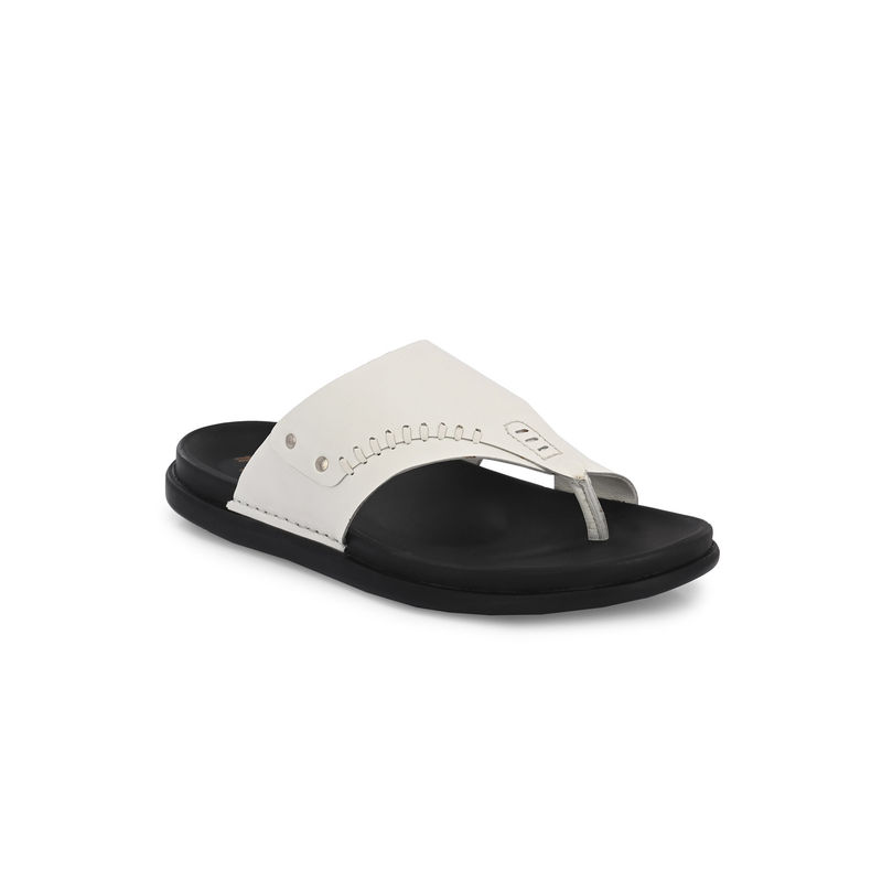 Hitz Men's White Leather Toe Ring Casual Slippers (UK 7)