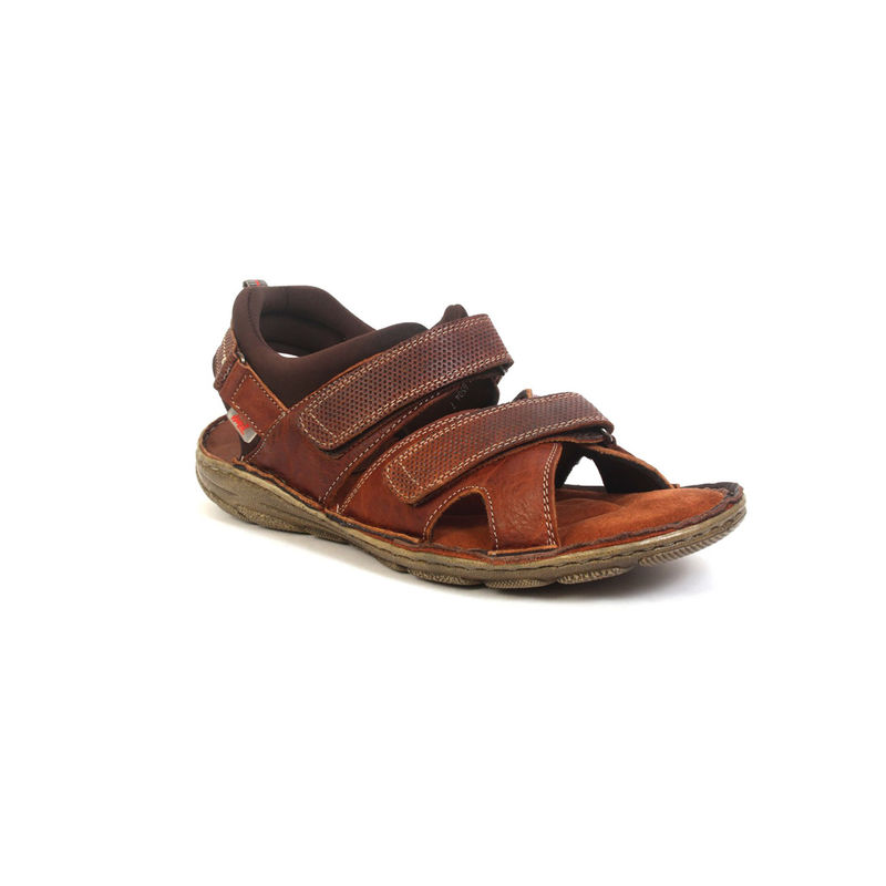 Hitz Men's Tan Leather Comfort Sandals with Velcro Closure (UK 6)