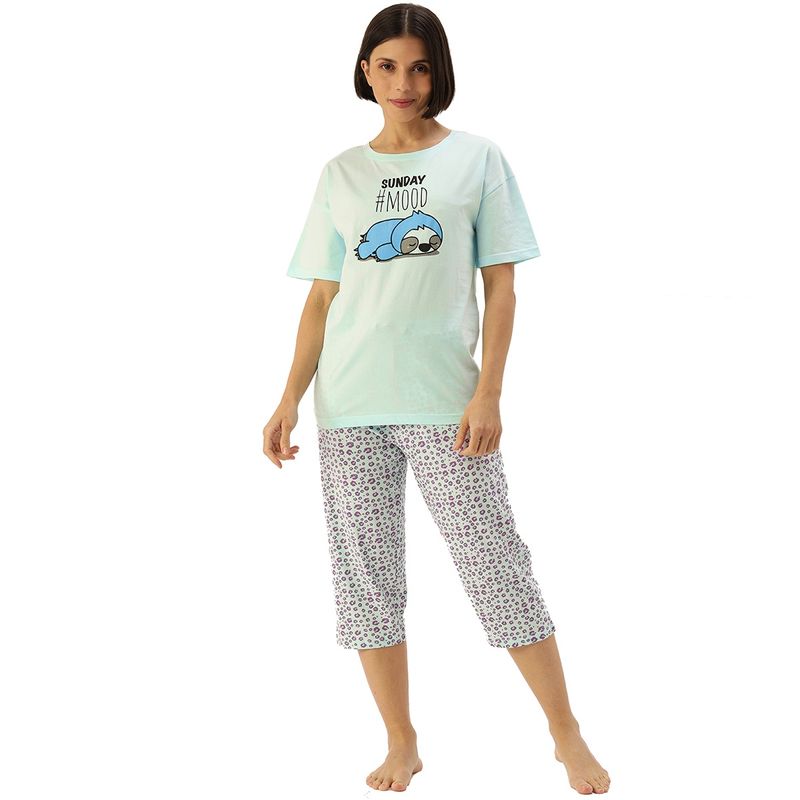 Slumber Jill Women Aqua Blue Sunday Mood Drop Shoulder T-Shirt & Capri Set (S)