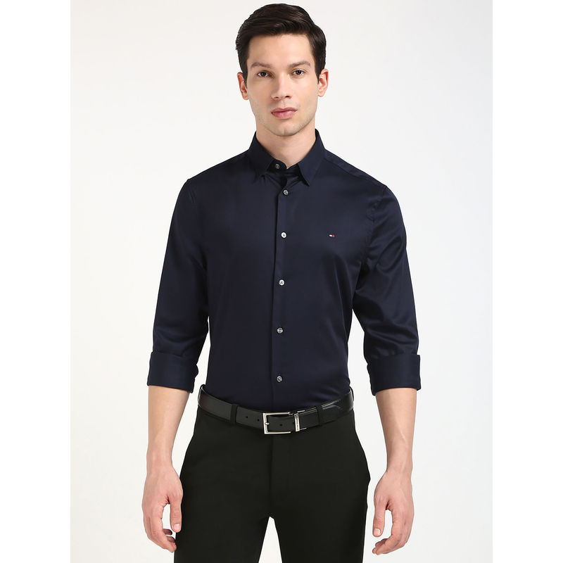 Tommy Hilfiger Navy Blue Solid Regular Fit Shirt (XL)