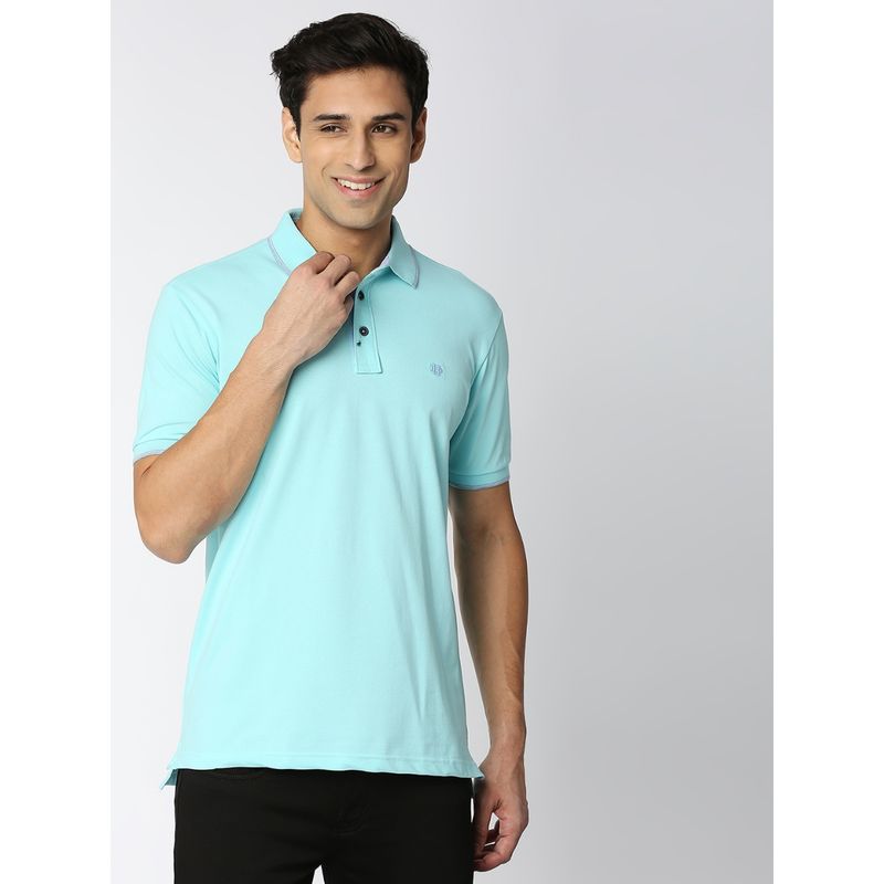 Dragon Hill Aqua Blue Pique Lycra Polo T-shirt with a Tipping Collar (M)