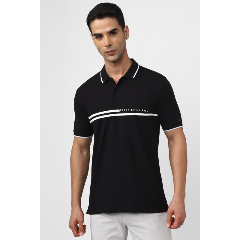 Peter England Men Black Print Polo Neck Polo T-Shirt (S)