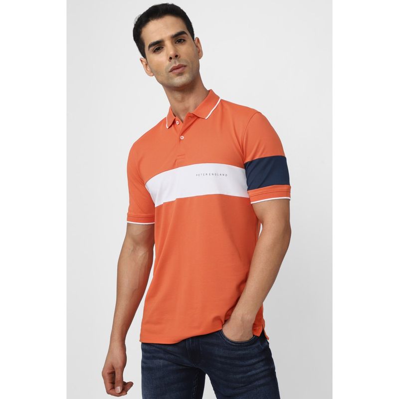 Peter England Men Orange Colorblock Polo Neck Polo T-Shirt (S)