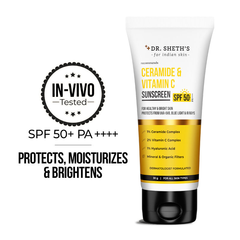 Dr. Sheth's Ceramide & Vitamin C Sunscreen SPF 50+ PA++++ In-Vivo Tested for Bright Skin