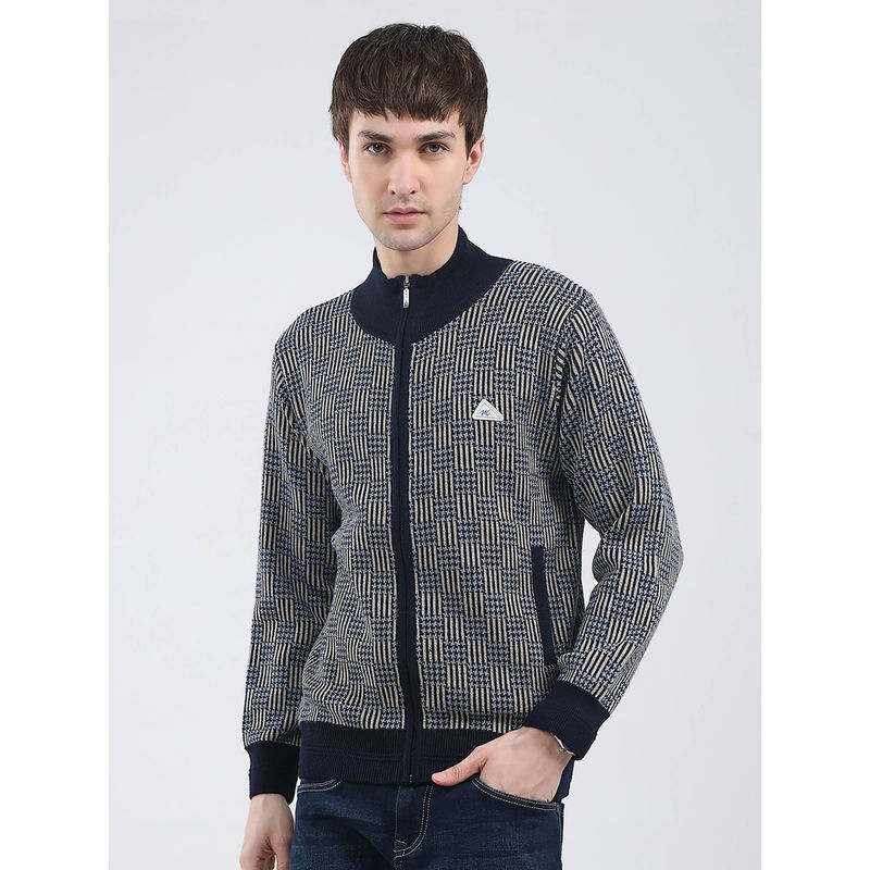 Monte Carlo Men Navy Blue Self Design Sweater (L)