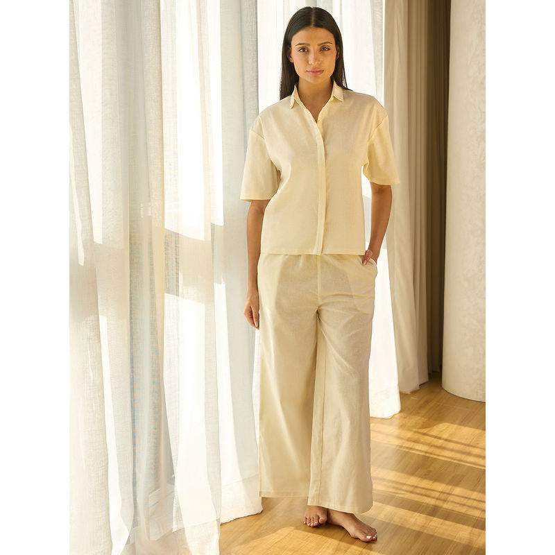 Sweet Dreams Women Ivory Linen Shirt & Pyjama (Set of 2) (S)