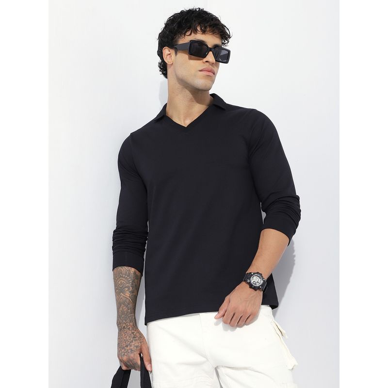 DILLINGER Men Black Regular Fit Long Sleeve Solid Collar Neck Polo T-Shirt (L)