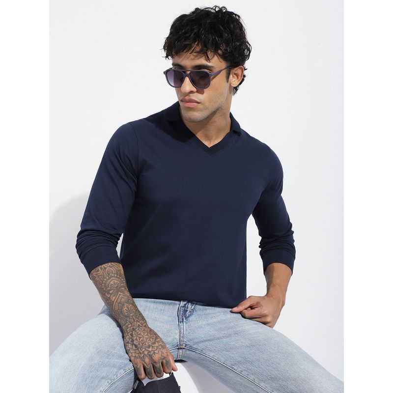 DILLINGER Men Navy Blue Regular Fit Long Sleeve Solid Collar Neck Polo T-Shirt (S)