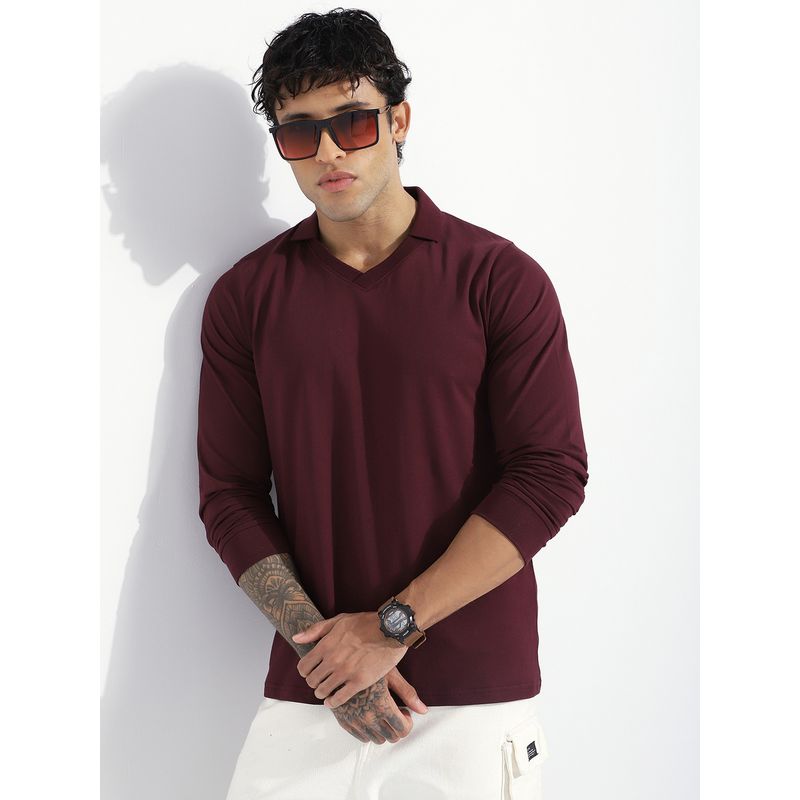 DILLINGER Men Maroon Regular Fit Long Sleeve Solid Collar Neck Polo T-Shirt (M)