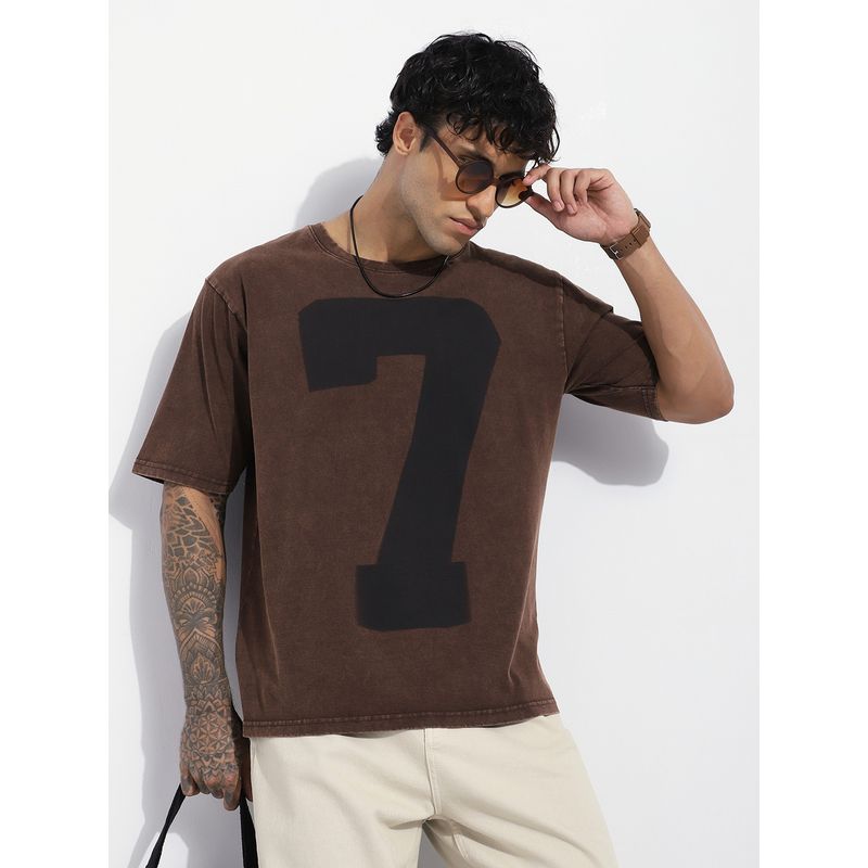 Difference of Opinion Men Brown Oversized Acid Washed Printed T-Shirt (L)