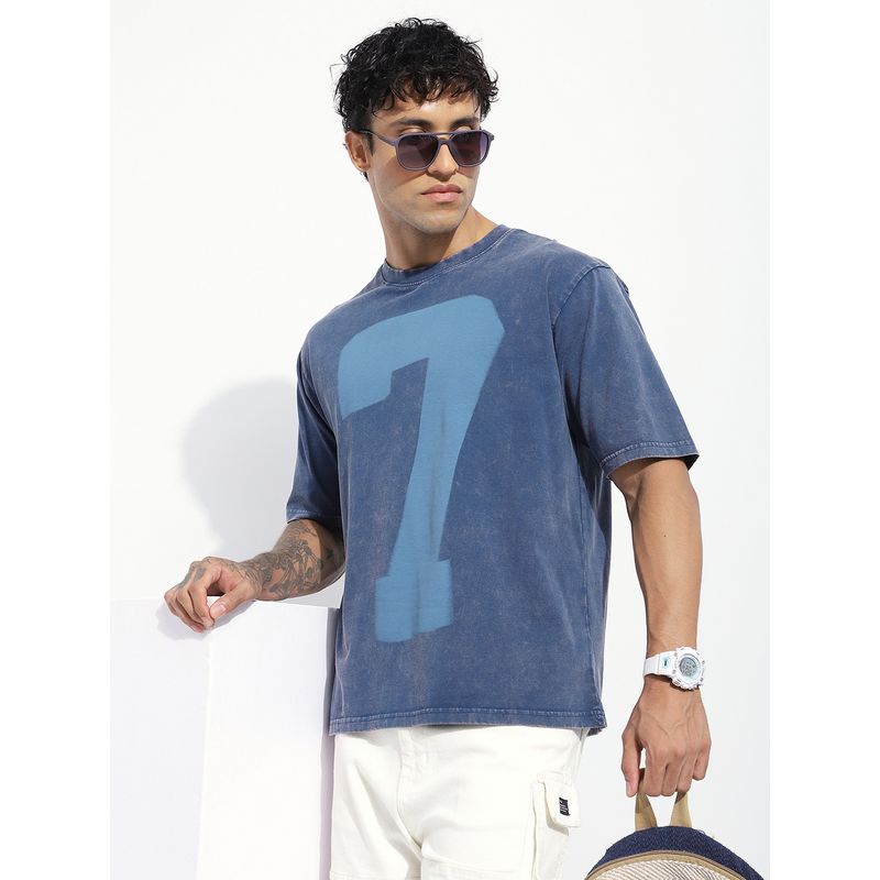 Difference of Opinion Men Blue Oversized Acid Washed Printed T-Shirt (L)