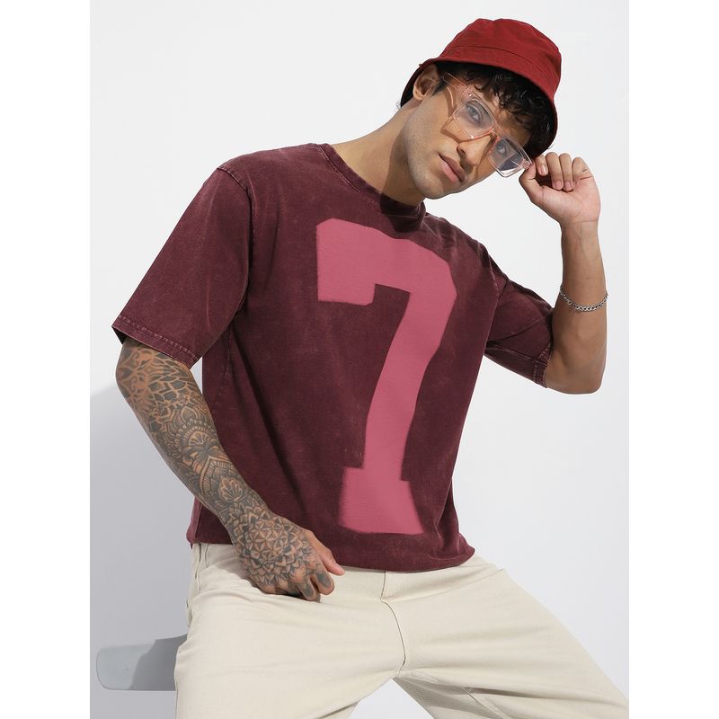 Difference of Opinion Men Maroon Oversized Acid Washed Printed T-Shirt (S)
