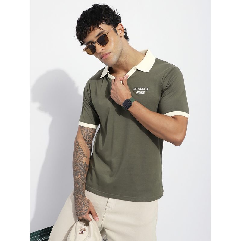 Difference of Opinion Men Olive Relaxed Fit Embroidery Collar Neck Polo T-Shirt (S)