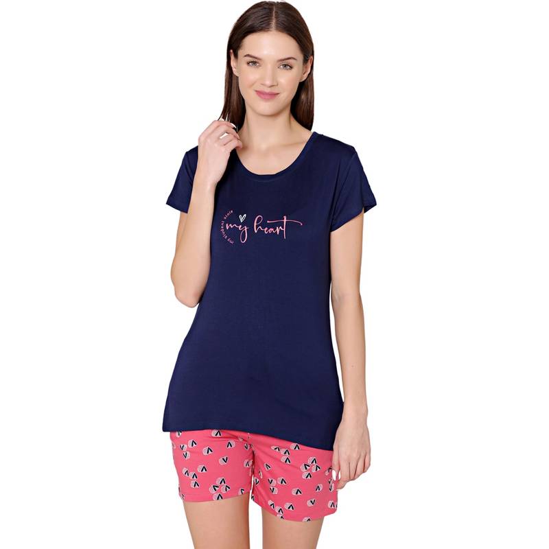 Bodycare Womens Modal Printed Night Suit of T-Shirt & Shorts -BSSS17502 Navy Blue (Set of 2) (M)
