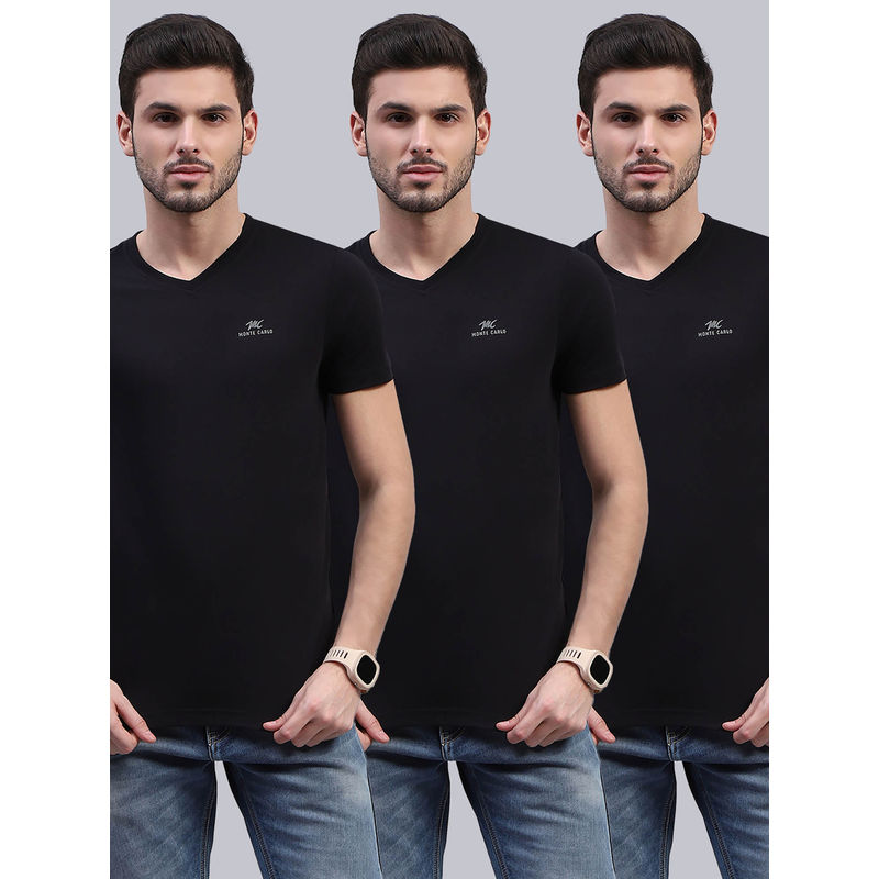 Monte Carlo Mens Black Solid V Neck Half Sleeve T-Shirt (Set of 3) (M)