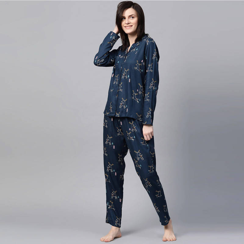 Drape In Vogue Women Navy Blue Deer Print Night Suit (M)