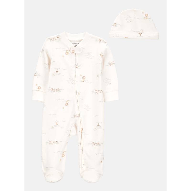 Carter's Cream Printed 2-Way Zip Bodysuit With Cap