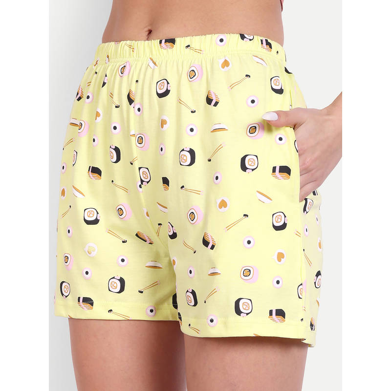 Bedtime Story Women Yellow Sushi Graphic Printed Shorts (S)