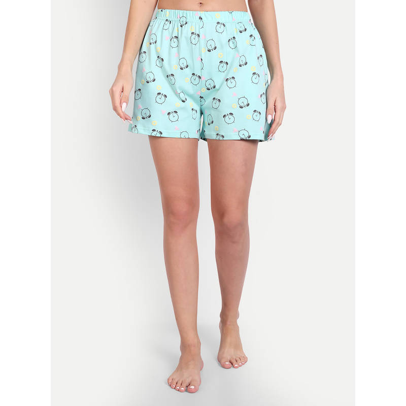Bedtime Story Women Aqua Clock Graphic Printed Shorts (M)
