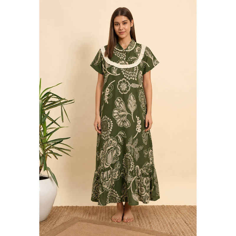 SEPHANI Women Green Floral Printed Night Dress (M)