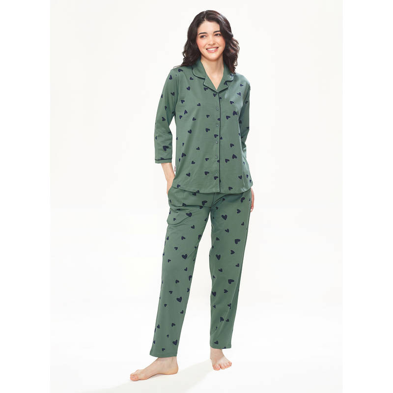 LOTIK Women Cotton Green Heart Printed Shirt and Pyjama (S)