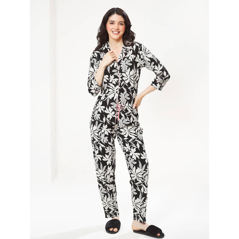 LOTIK Women Cotton Black Floral Printed Shirt and Pyjama (S)