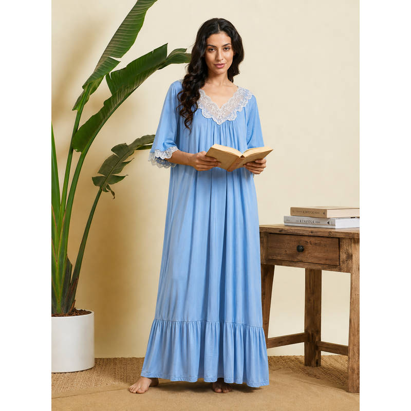 SEPHANI Women Blue Solid Lace Work Half Sleeves Night Dress (M)