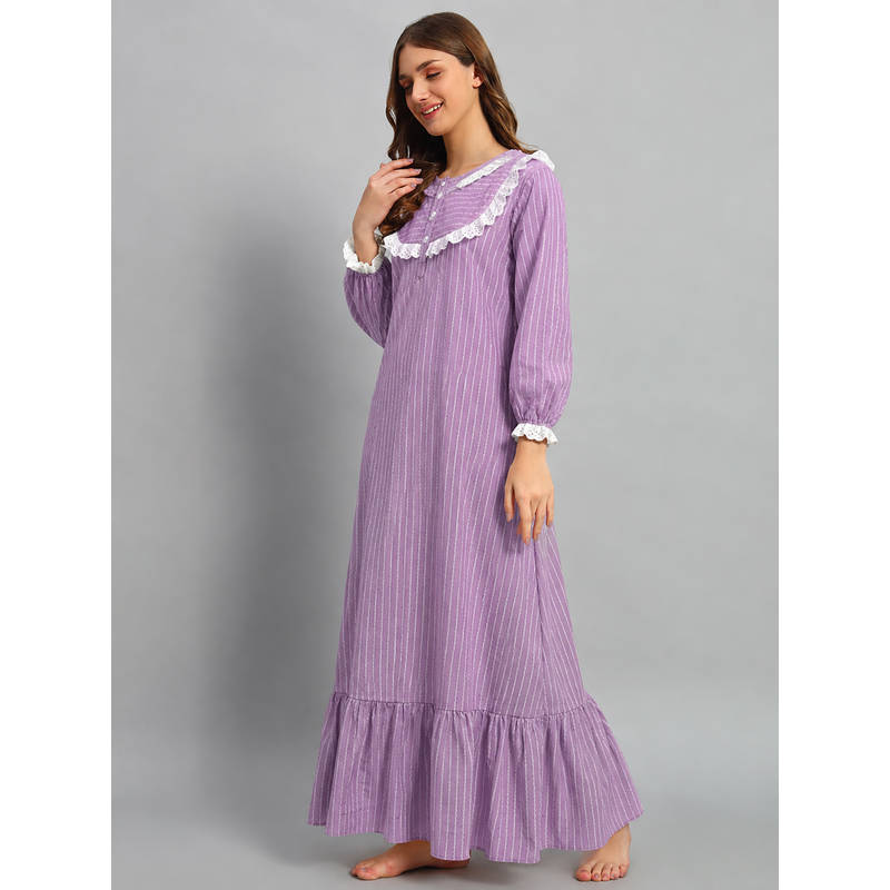 SEPHANI Women Lavender Stripes Printed Night Dress (M)