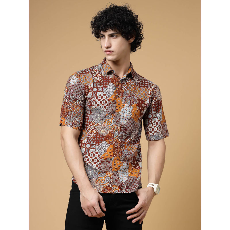 RIGO Men Rayon Half Sleeve Printed Slim Fit Shirt (S)