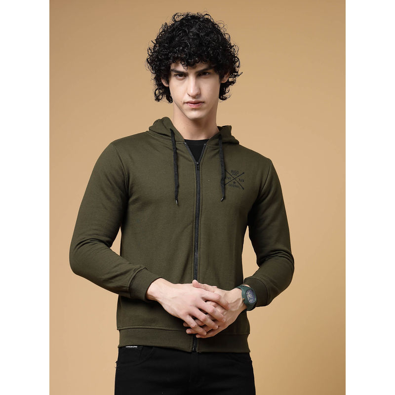 RIGO Men Hooded Olive Green Casual Full Sleeves Jacket (M)