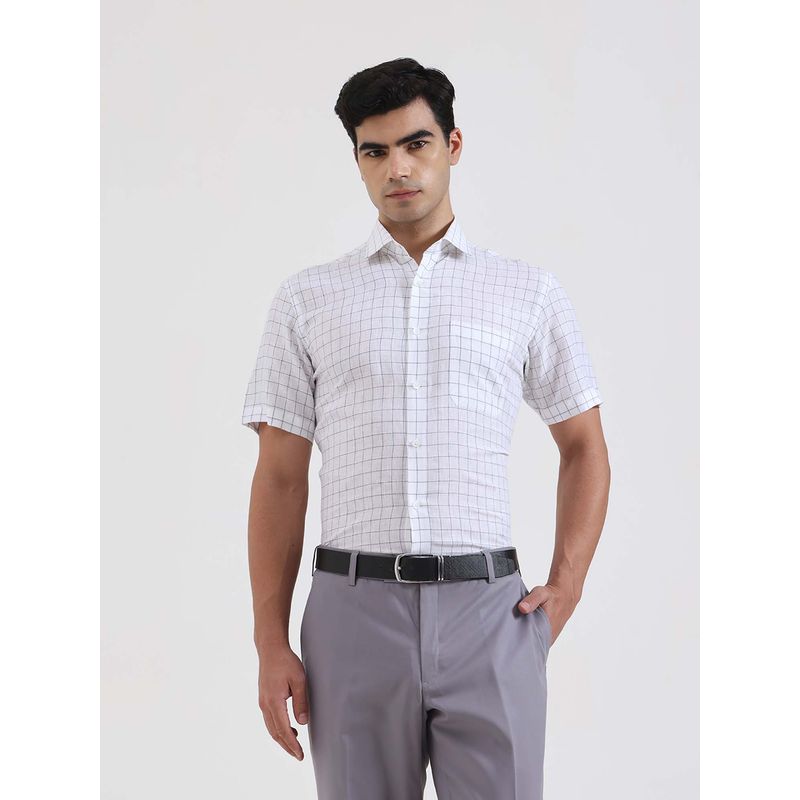 JadeBlue Men White and Grey Checked Linen Formal Shirt (39)