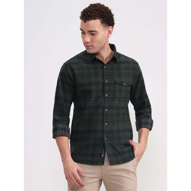 Greenfibre Men Dark Green Checked Casual Shirt (39)