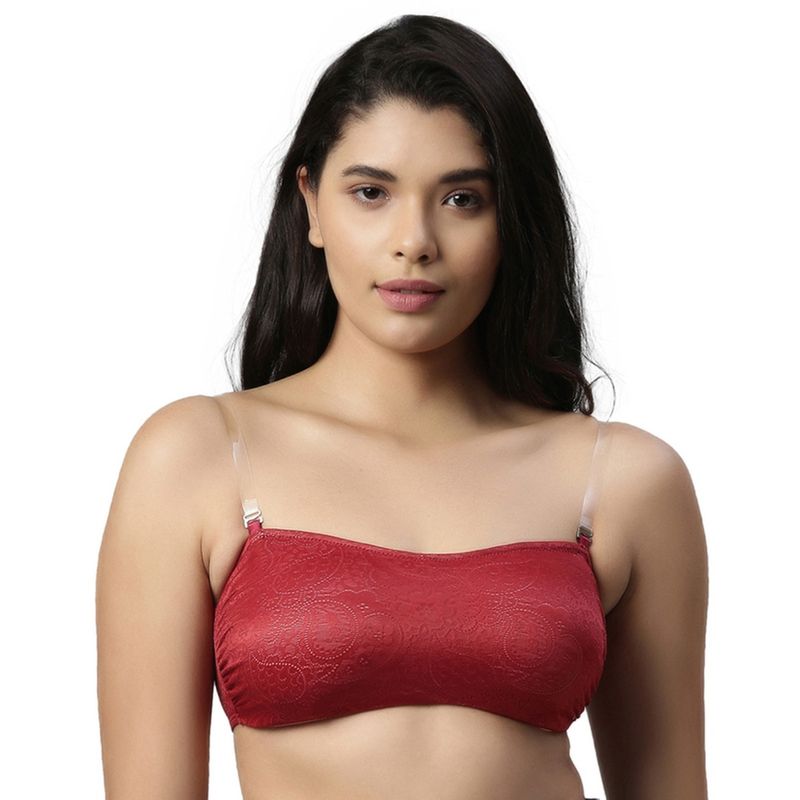 Enamor Womens F064-Padded Wirefree Medium Coverage Tube Bralette-Rosesherry Lace Red (M)