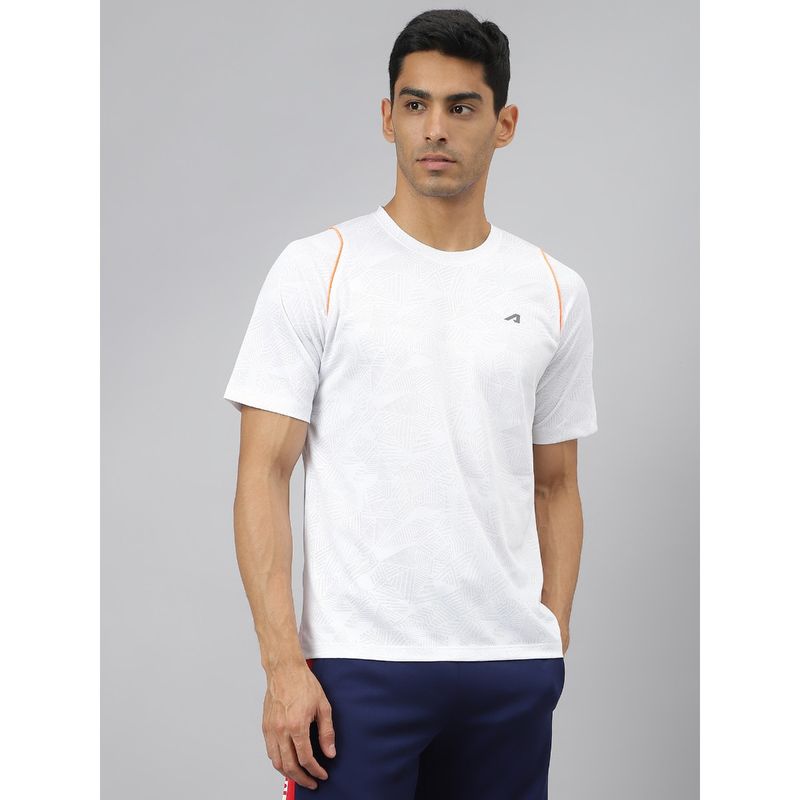 Alcis Men White Jacquard Mesh Anti Static Slim Fit Round Neck Training T-Shirt (M)