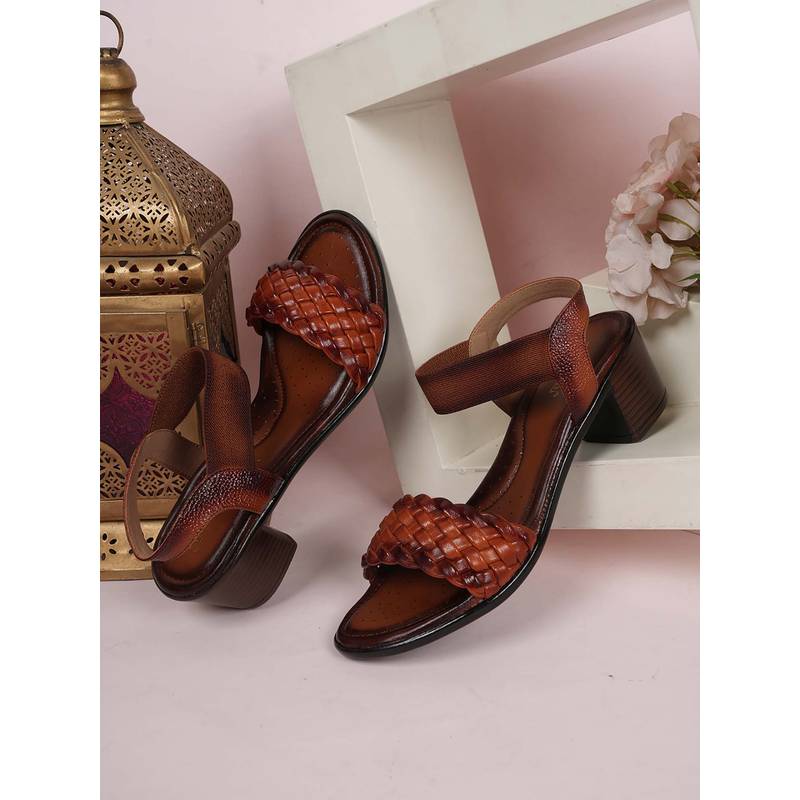 Dollphin Women Tan Leather Block Sandal Heels (EURO 36)