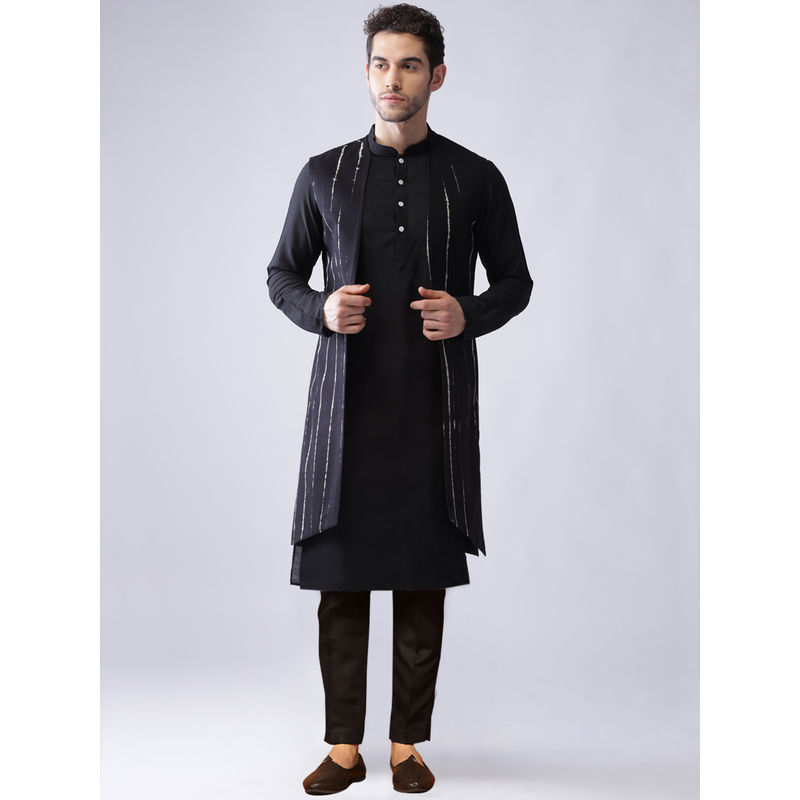 KISAH Men Black Printed Tie & Dye Cotton Blend Kurta Jacket with Pant (Set of 3) (38)