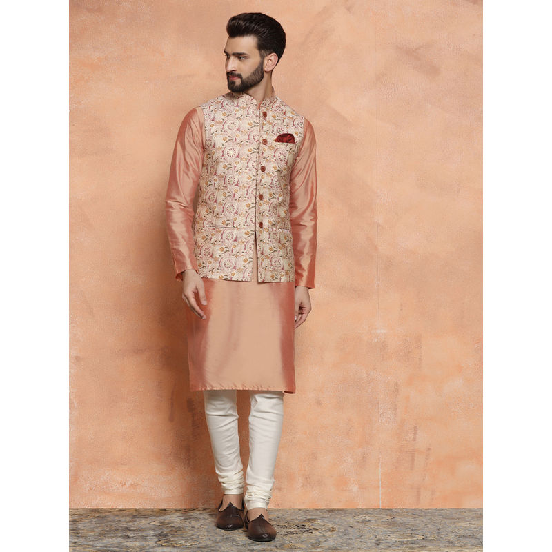 KISAH Men Peach Printed Cotton Blend Kurta Jacket with Churidar (Set of 3) (40)