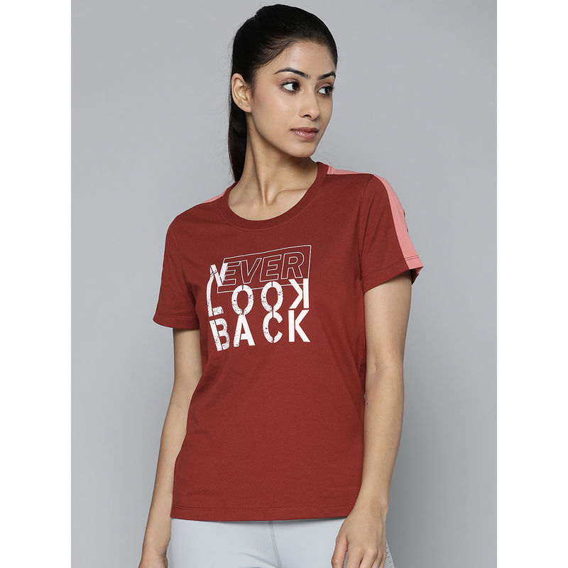 Alcis Women Rust Red & White Typography Printed Slim Fit Training Or Gym T-Shirt (M)