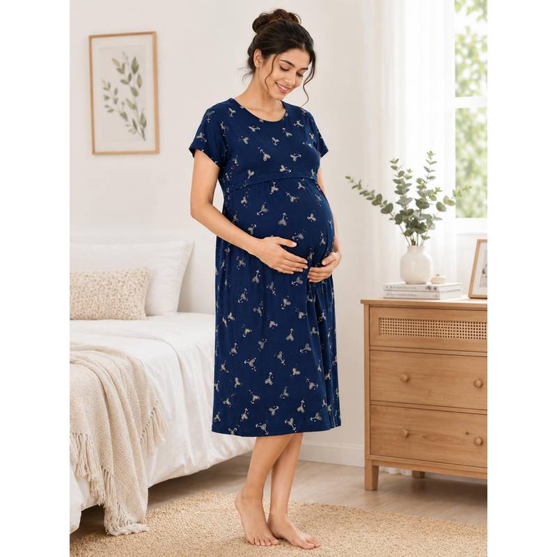 MomToBe Womens Cotton Navy Blue Feeding Nighty (2XL)