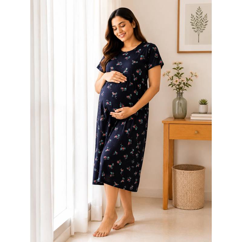 MomToBe Womens Cotton Ink Black Feeding Nighty (M)