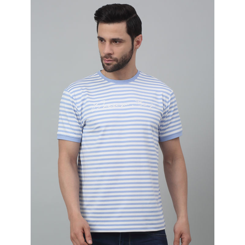 Cantabil Men Sky Blue Striped Round Neck Half Sleeves T-Shirt (M)