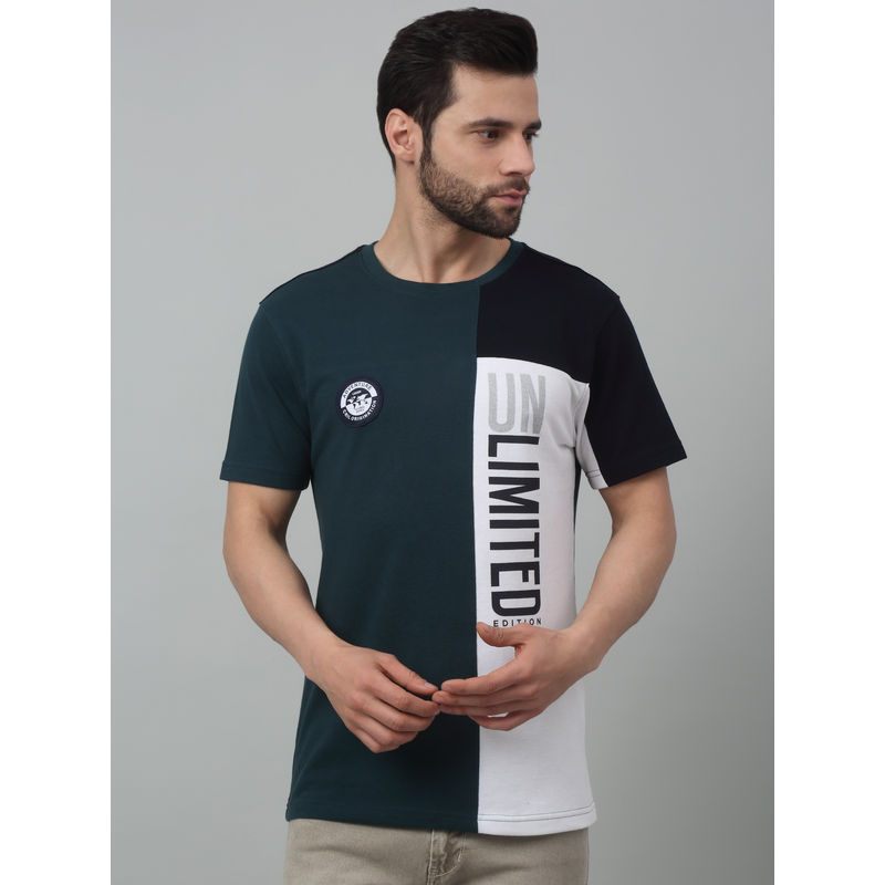 Cantabil Men Teal Blue Color Block Round Neck Half Sleeves T-Shirt (M)